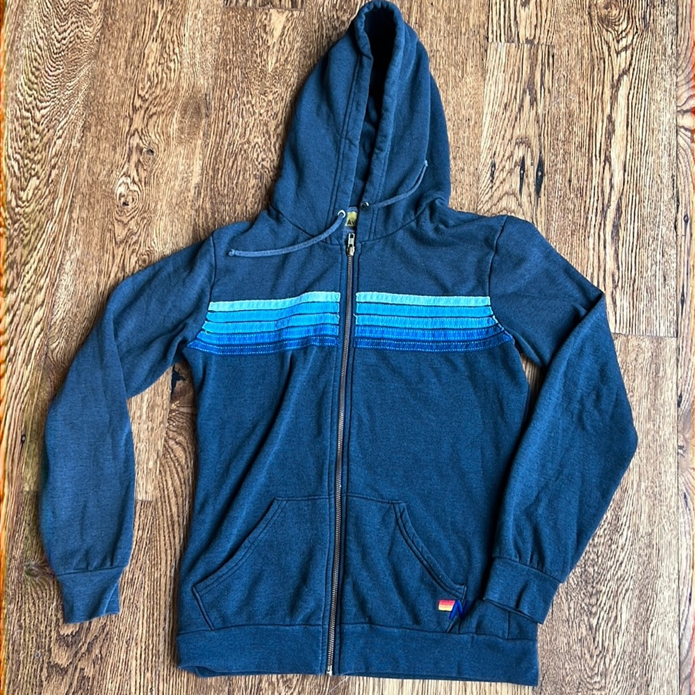 Womens Aviator Nation navy zip hoodie with blue stripes. Size Medium
